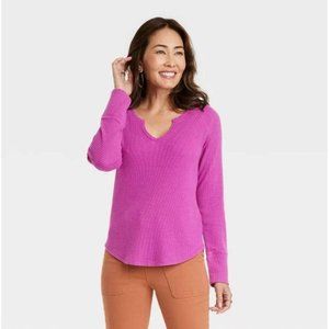 Knox Rose Women's Long Sleeve Notch Neck Thermal Top - Raspberry Pink, Medium